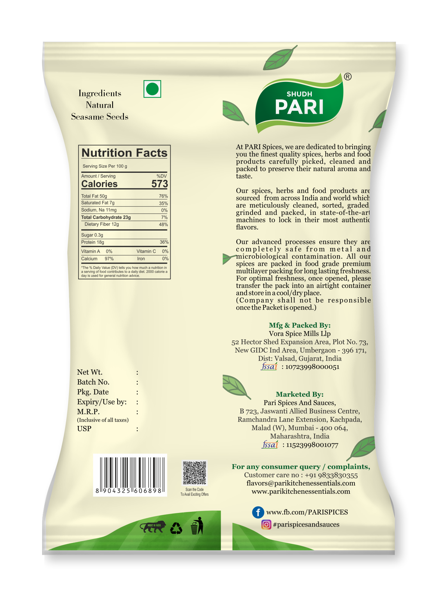 Shudh Pari Natural Sesame Seeds / Safed Til - 500gm
