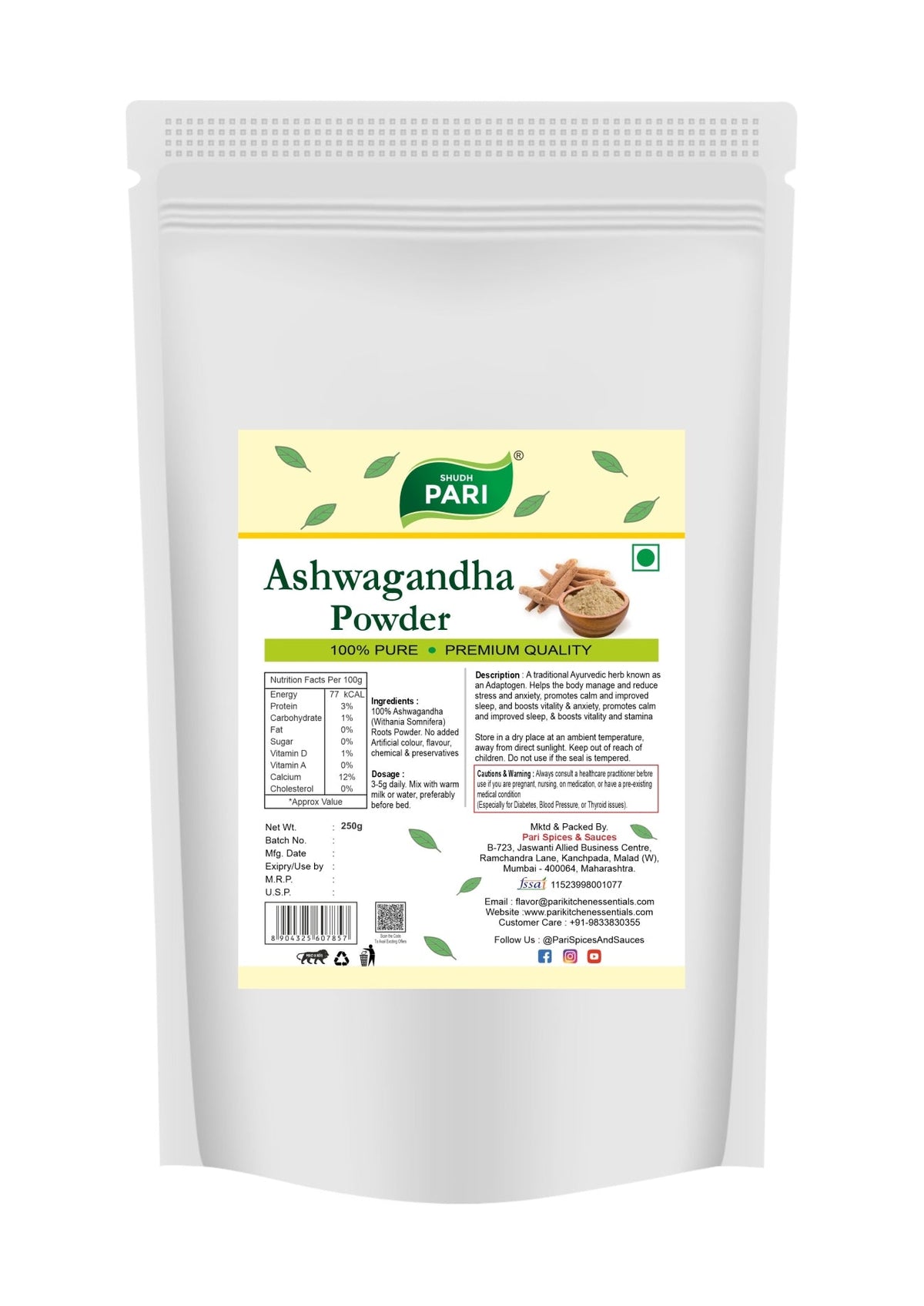 Shudh Pari Ashwagandha Powder - 250 gm Pari Spices and Sauces