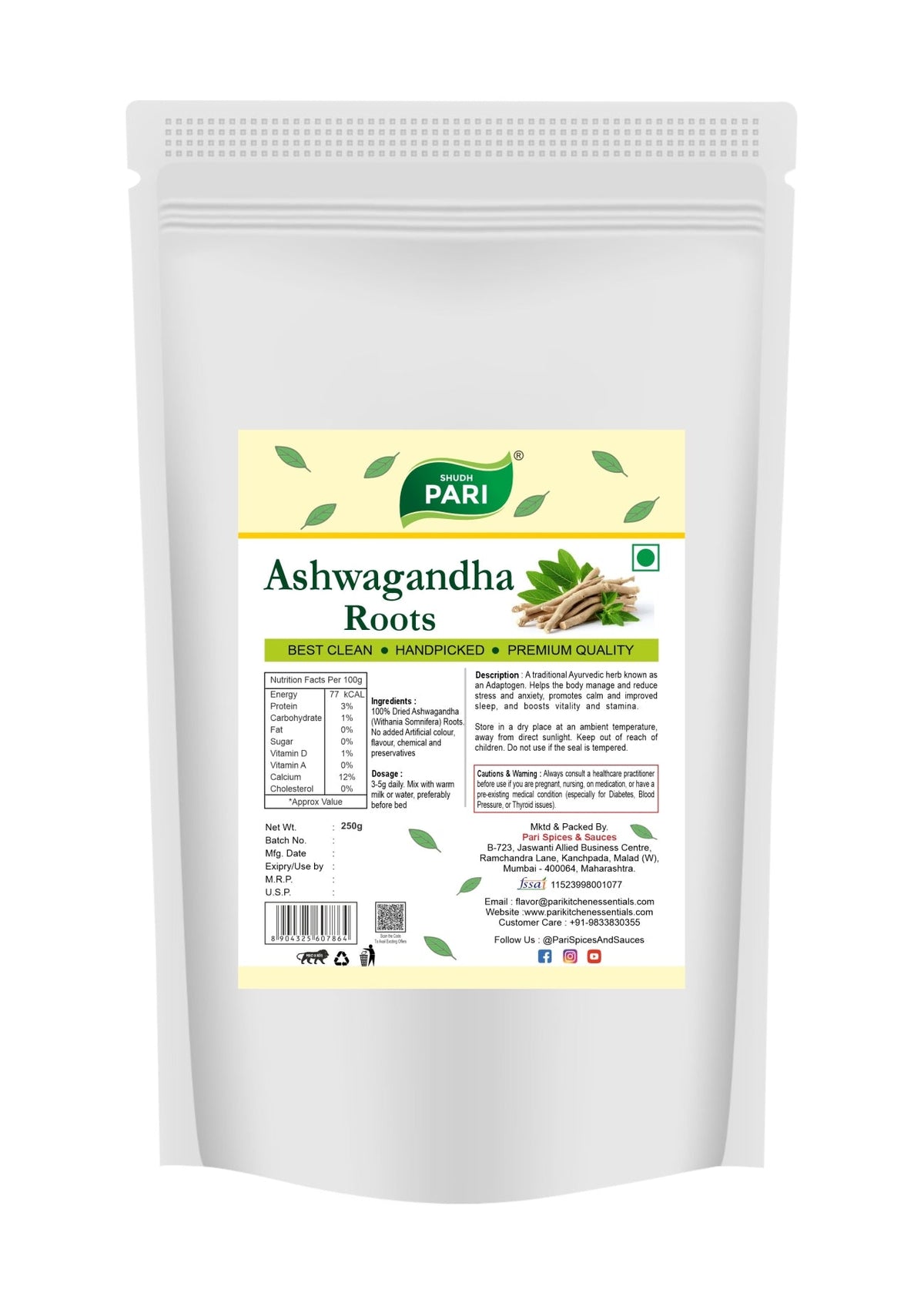 Shudh Pari Ashwagandha Roots - 250 gm Pari Spices and Sauces