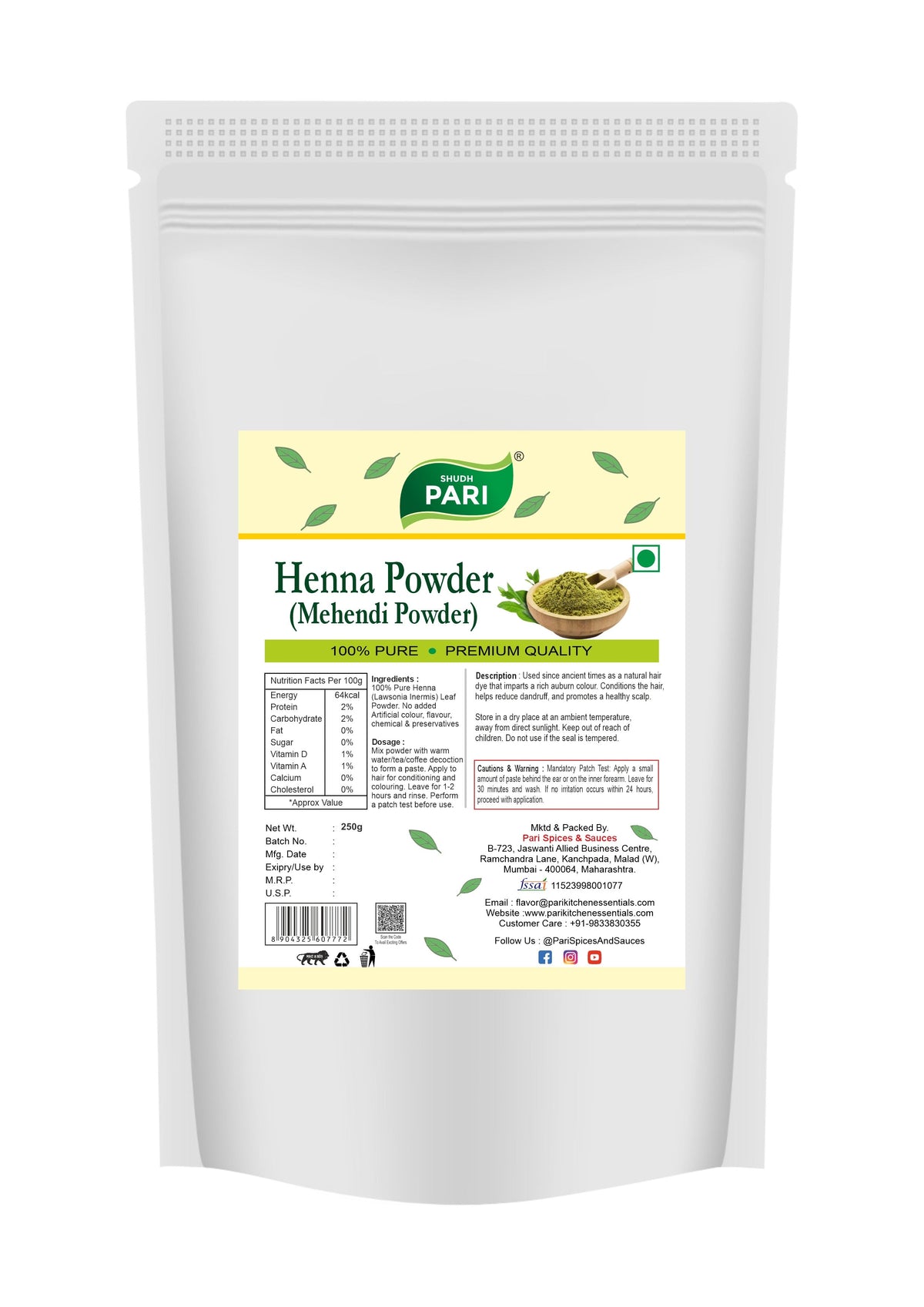 Shudh Pari Henna Powder - 250 gm Pari Spices and Sauces