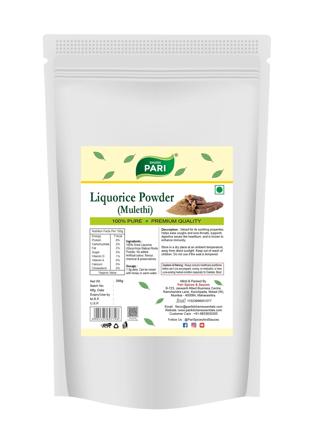 Shudh Pari Mulethi Powder - 250 gm Pari Spices and Sauces