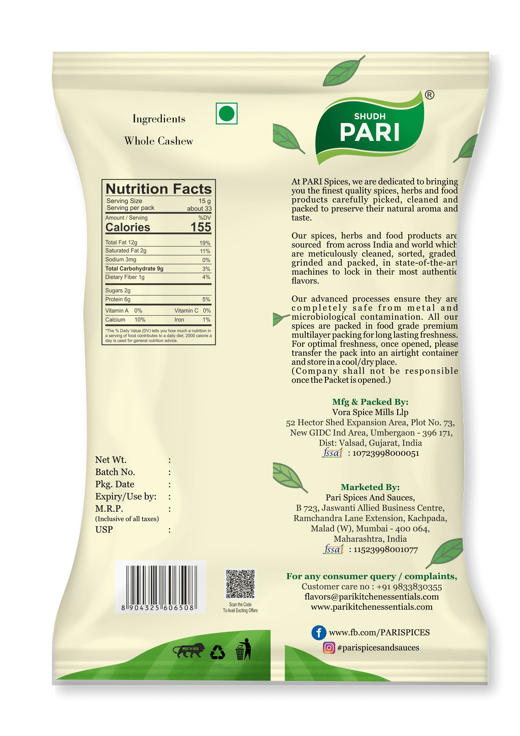 Shudh Pari Premium Whole Cashew W320 Nuts - 500gm
