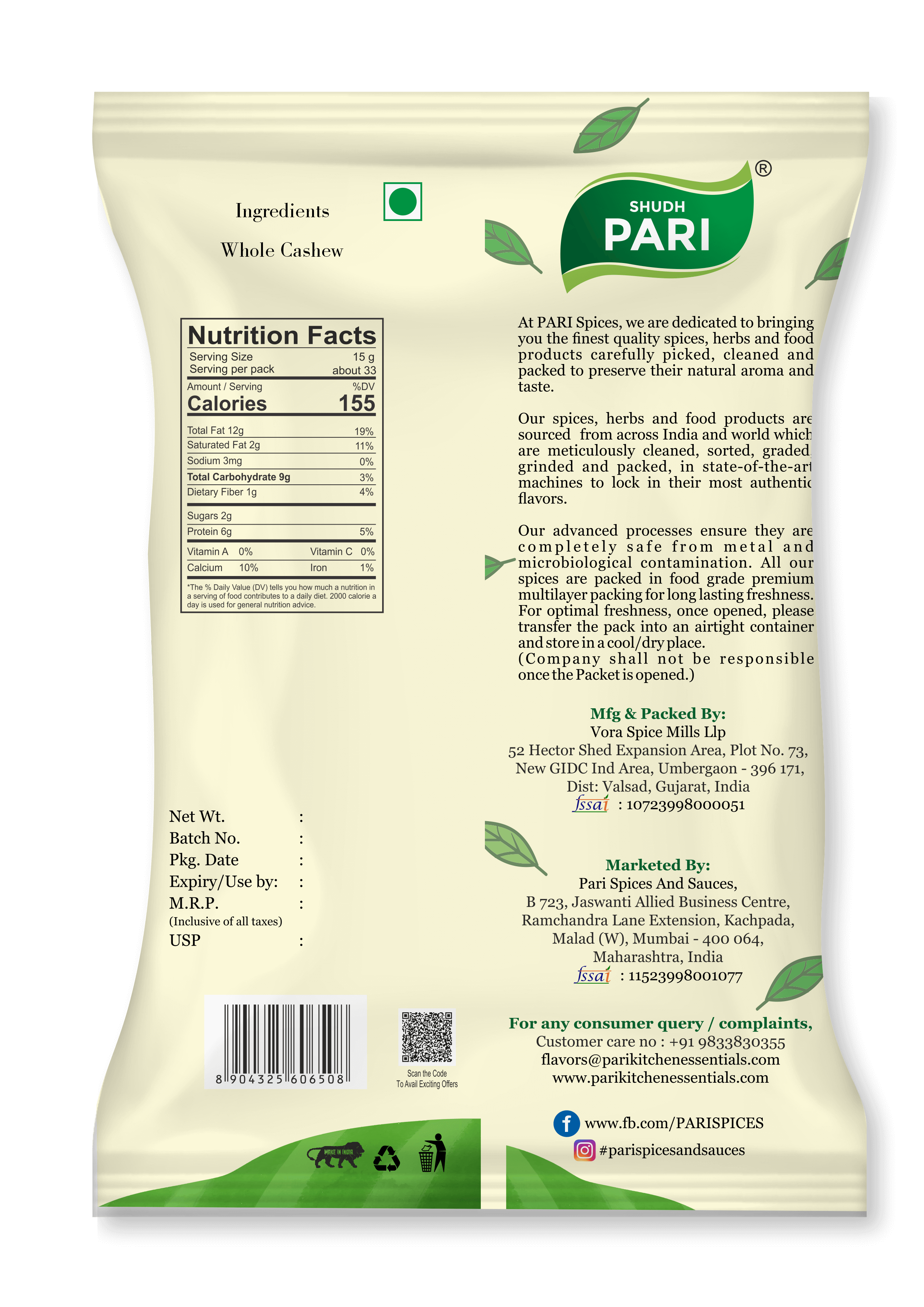 Shudh Pari Premium Whole Cashew W320 Nuts - 500gm