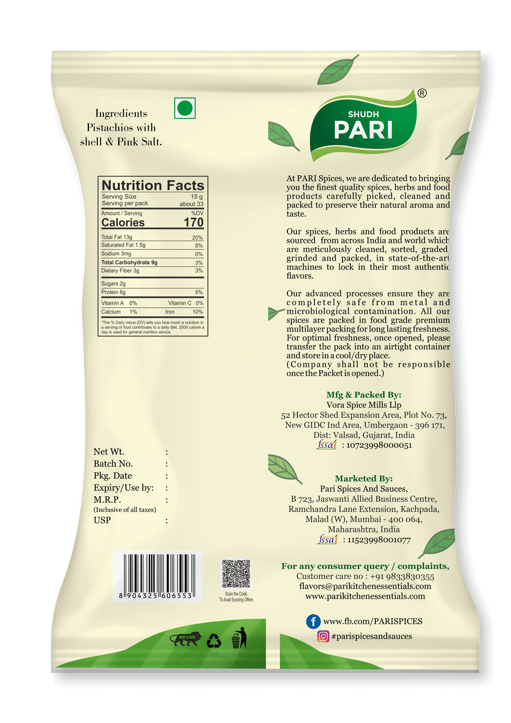 Shudh Pari Roasted Salted Pistachios with Shell - 500gm