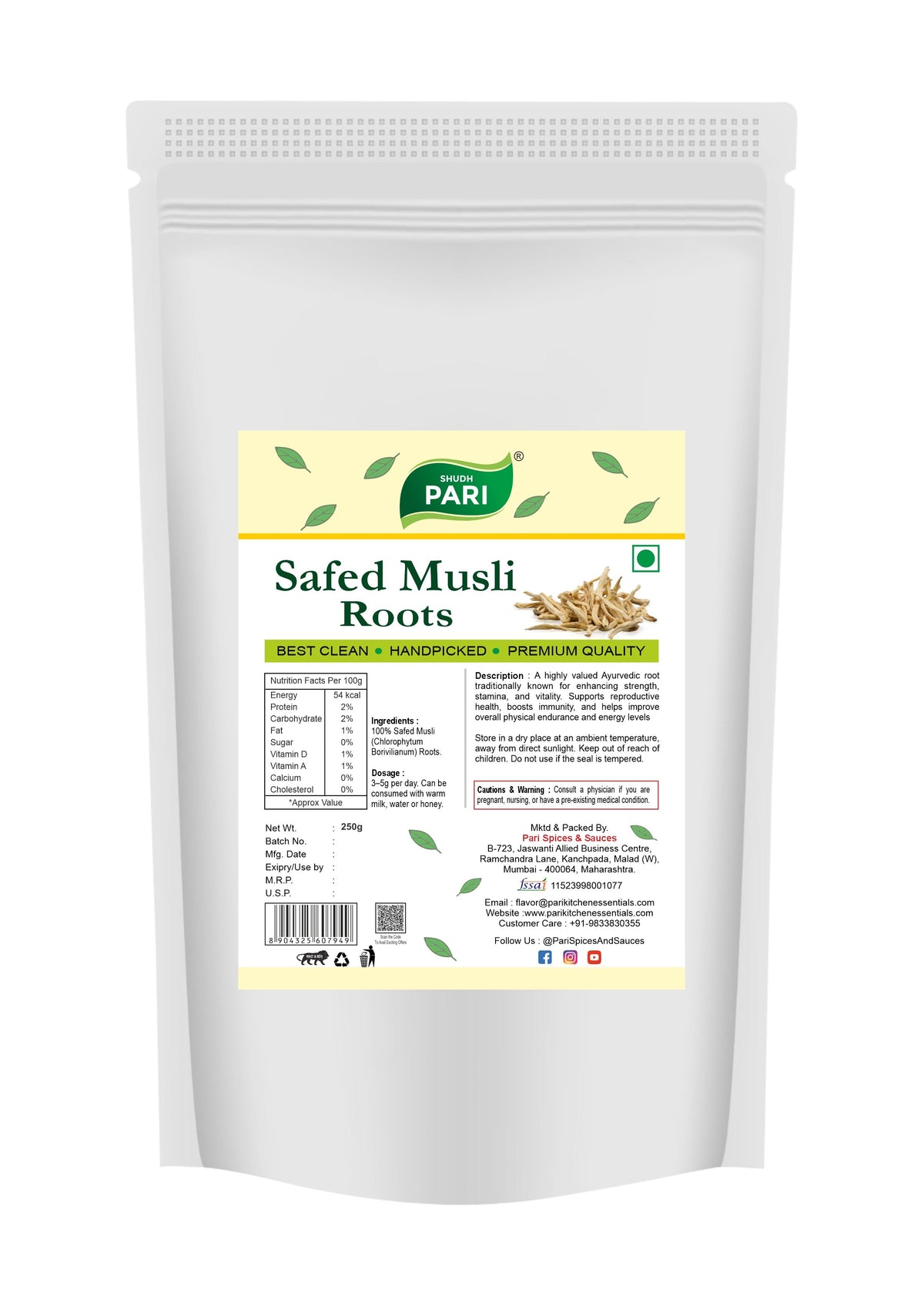 Shudh Pari Safed Musli Roots - 250 gm Pari Spices and Sauces