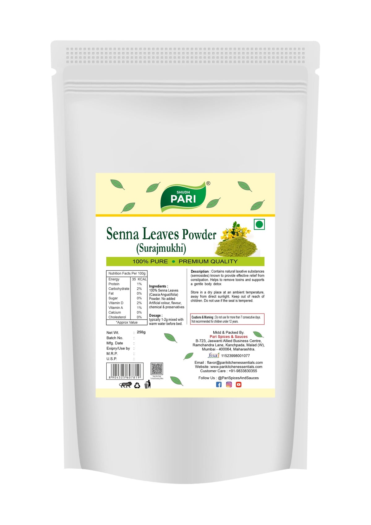 Shudh Pari Senna Leaves Powder - 250 gm Pari Spices and Sauces