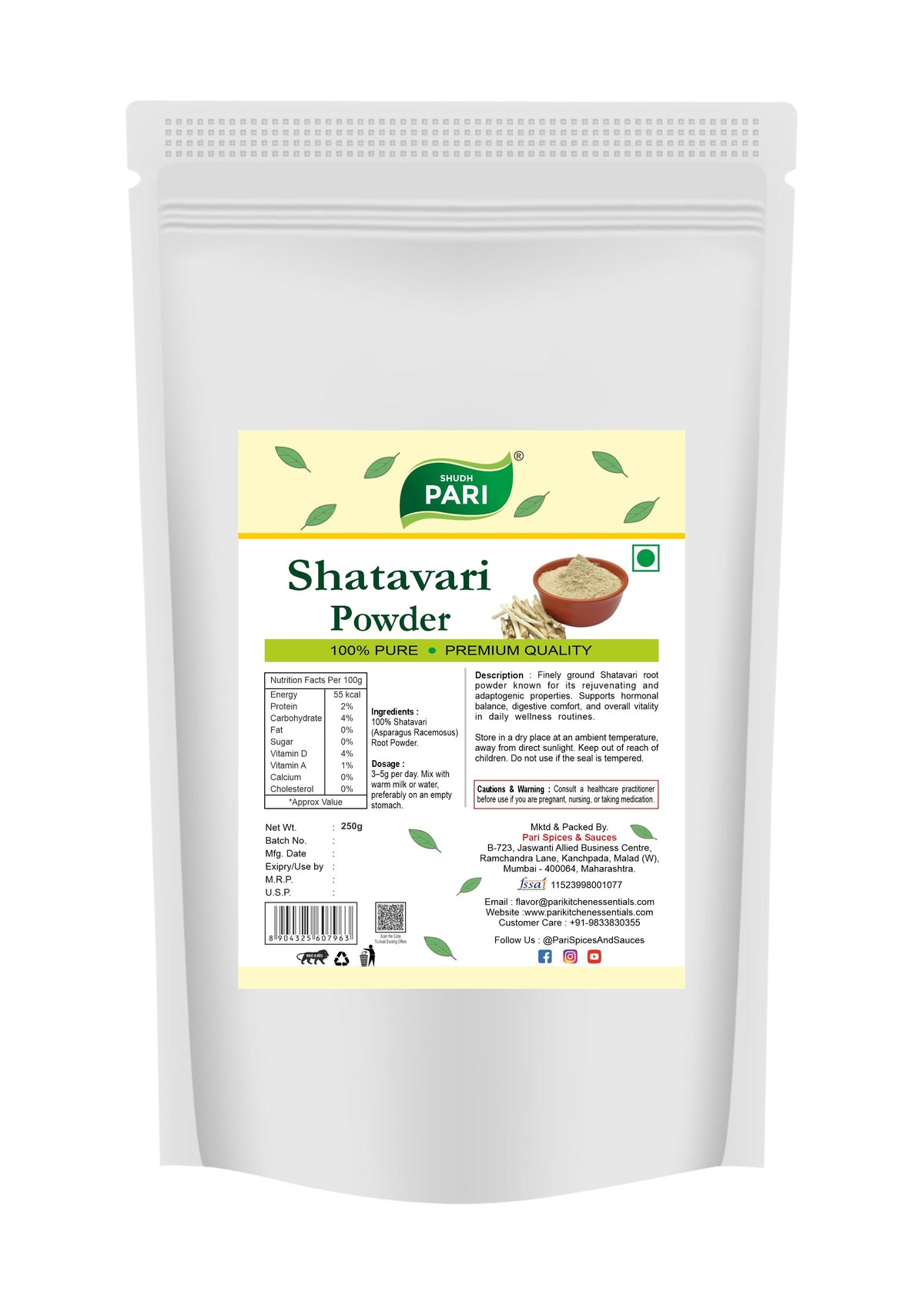 Shudh Pari Shatavari Powder - 250 gm Pari Spices and Sauces