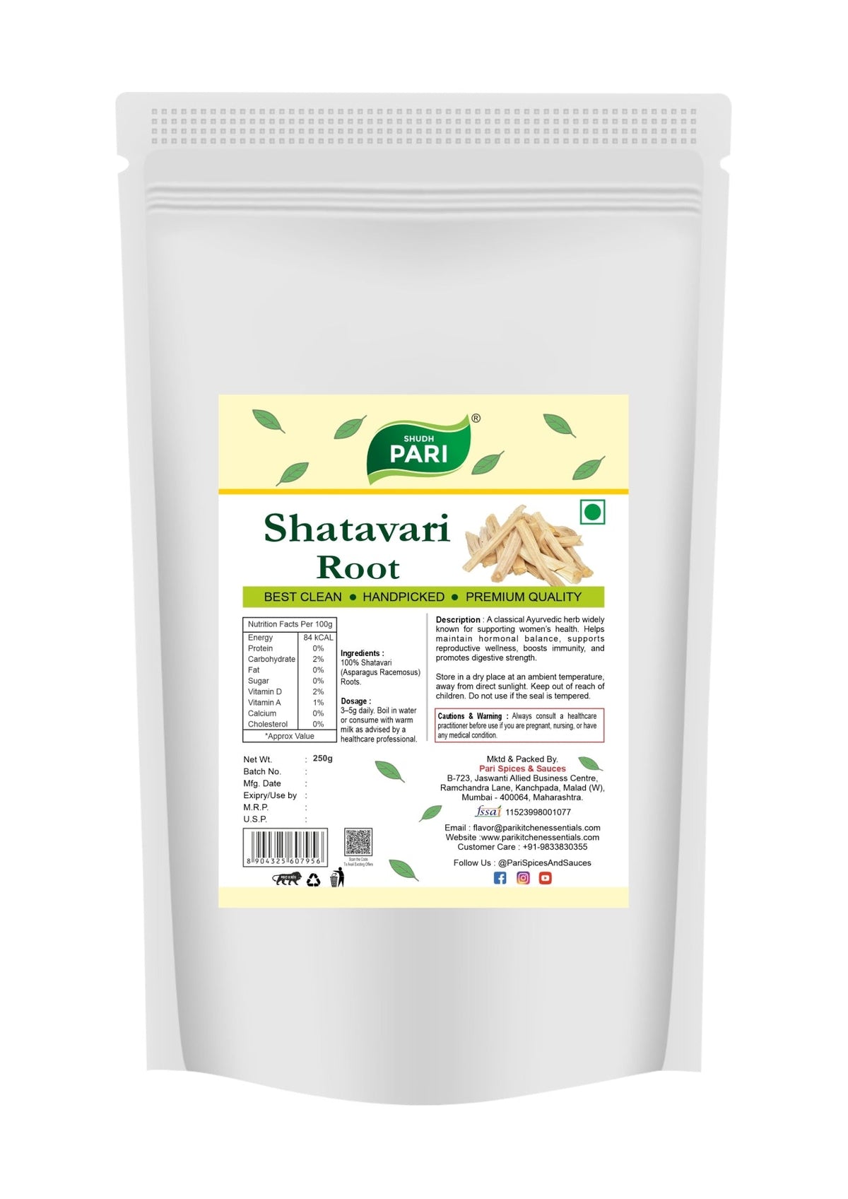 Shudh Pari Shatavari Roots - 250 gm Pari Spices and Sauces