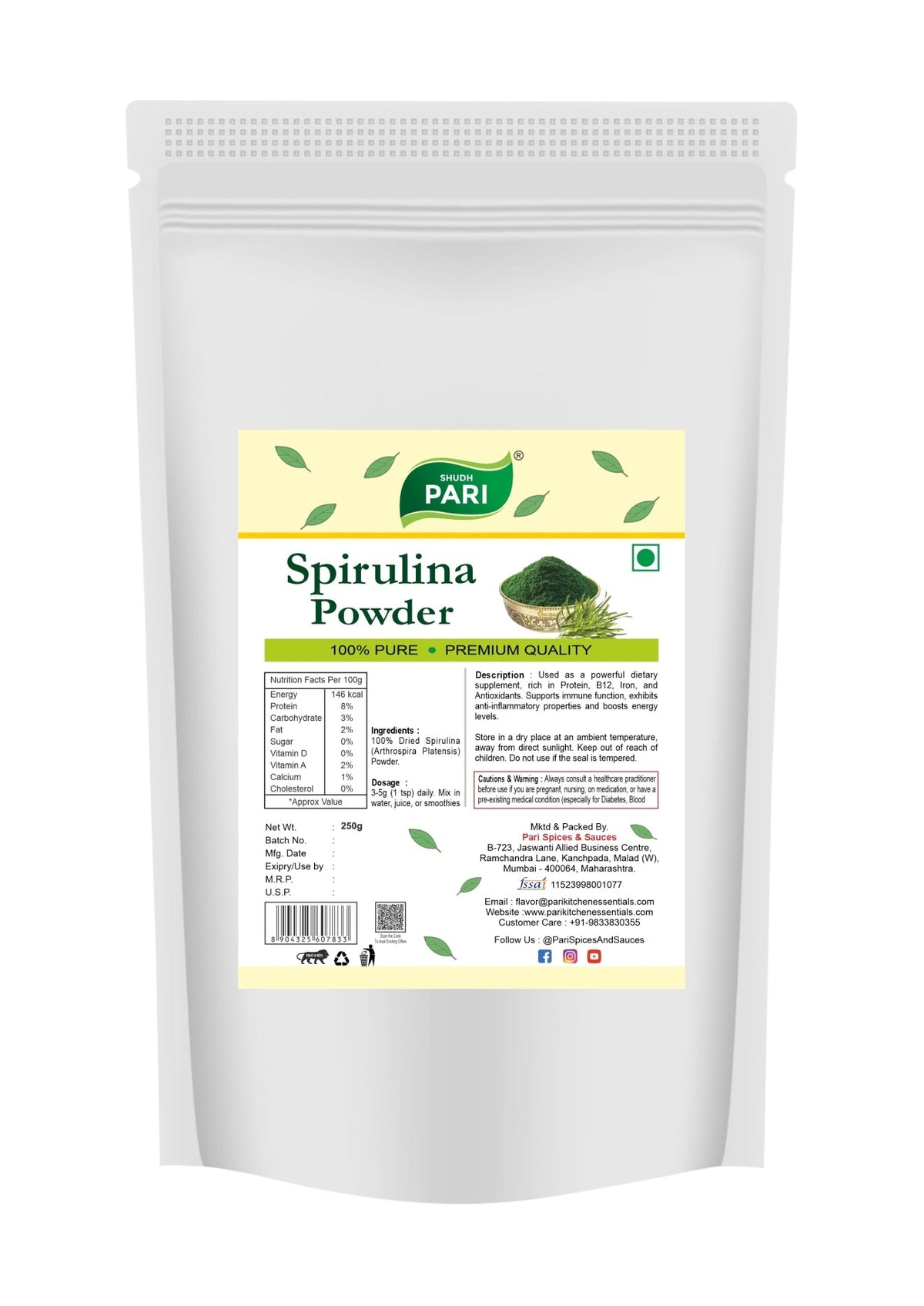 Shudh Pari Spirulina Powder - 250 gm Pari Spices and Sauces