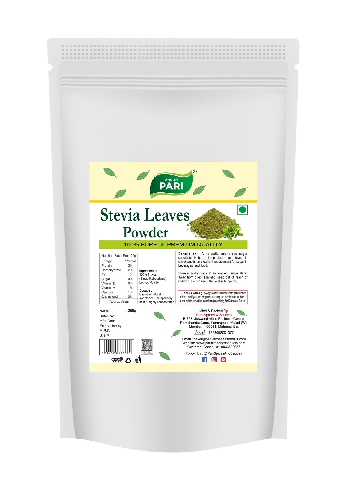 Shudh Pari Stevia Leaves Powder - 250 gm Pari Spices and Sauces