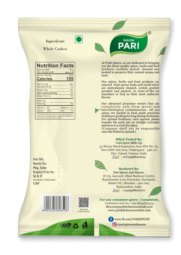 Shudh Pari Premium Whole Cashew W320 Nuts - 500gm